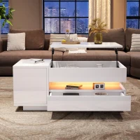 Height-Adjustable Coffee Table with App-Controlled RGB LED Lighting, Modern Center Table with Hidden Storage, 37.5" L x 19.5" W x 15.5" H, White(m-1)