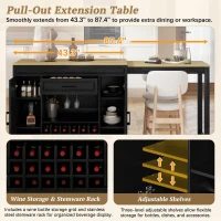 Expandable Bar Table with Adjustable Shelves and Rear Casters, Versatile Kitchen Counter with 2 Doors, 87.5″ L x 19.5″ W x 36″ H, Black+Natural(m-6)