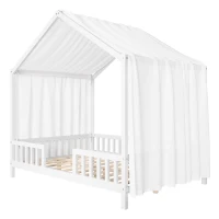 Full-Size Montessori Floor Bed with Canopy and Sturdy Pine, House-Style Platform Bed for Kids' Rooms, 78.5'' L x 56.5'' W x 78'' H, White(m-9)