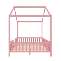 Montessori Full-Size House-Shaped Bed with Lightweight Polyester Canopy, Soft Pink Platform Bed for Child’s Room, 78.5'' L x 56.5'' W x 78'' H, Pink(m-12)