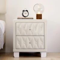 Elegant Velvet Nightstand with Button‑Tufting and Sparkling Crystal Knob, Solid Bedside Table with Generous Storage, 18'' L x 18'' W x 20'' H, Beige(m-6)