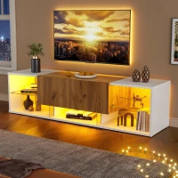 3-Tier TV Stand with App-Controlled LED Lighting and Glass Shelves, Sturdy TV Cabinet with 2 Drawers, 63" L x 15.5" W x 16.5" H, White+Natural(m-7)