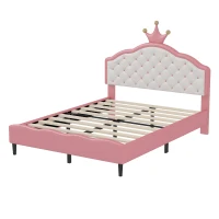 Full Size Princess Platform Bed with Crown-Tufted Headboard, Sturdy Bed Frame for Kid-Friendly Bedrooms, 77.5'' L x 56'' W x 48.5'' H, Pink(m-10)