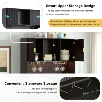 High Bar Cabinet with Smart LED Lighting (App & Music-Sync), Spacious Storage Cabinet with 9-Bottle Wine Rack, 42" L x 12" W x 72" H, Walnut(m-6)