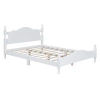 Queen Size Wood Platform Bed with Retro Headboard and 10 Slats, White Wood-Finished Bed Frame with Plywood, 85'' L x 62.5'' W x 39.5'' H, White(m-11)