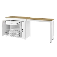 Expandable Bar Table with Adjustable Shelves and Rear Casters, Versatile Kitchen Counter with 2 Doors, 87.5″ L x 19.5″ W x 36″ H, White+Natural(m-15)