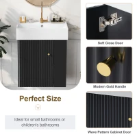 Modern Floating Bathroom Vanity with Ceramic Basin and Right Side Storage, Cabinet with Gold Handle, 21.5" L x 12" W x 26.5" H, Black+White(m-5)