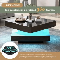 Square High-Gloss Coffee Table with App-Controlled LED Lighting, Modern Center Table with Double-Layer Storage, 27.5" L x 27.5" W x 14" H, Black(m-4)