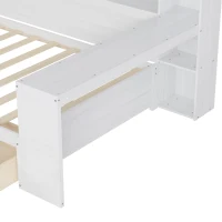 Full Size Daybed with 2 Large Drawers and Built-In Study Desk, Space-Saving Guest Bed with Side Storage Shelves, 91.5'' L x 65'' W x 45'' H, Antique White(m-10)