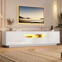Stylish TV Stand with High-Gloss Push-to-Open Doors, Spacious TV Cabinet with App-Controlled LED Strip, 65" L x 15.5" W x 17.5" H, White(m-7)