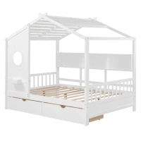 Full Size House Bed with Playful Pitched-Roof and Back Shelf, Wooden House Bed Frame with Sturdy Pine, 78'' L x 58'' W x 72'' H, White(m-10)