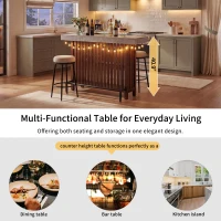3-In-1 Dining Table with Marble-Grain MDF Top, Space-Saving Bar Table with Metal Footrest, 63" L x 15.5" W x 41" H, Brown(m-6)