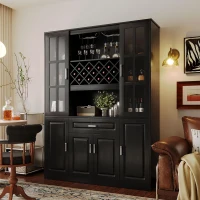 Tall Wine Cabinet with Wine Rack and Stemware Holder, 4-Door Storage Cabinet with Semi-Open Shelf, 52" L x 15.5" W x 74" H, Black(m-1)