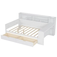 Full Size Daybed with 2 Large Drawers and Built-In Study Desk, Space-Saving Guest Bed with Side Storage Shelves, 91.5'' L x 65'' W x 45'' H, Antique White(m-13)