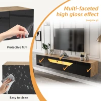 Wall-Mounted TV Cabinet with High-Gloss Front, 3-Tier Storage TV Stand with Fold-Down Flap Door, 65" L x 14.5" W x 14" H, Black+Natural(m-4)
