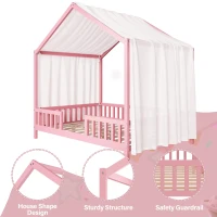 Montessori Full-Size House-Shaped Bed with Lightweight Polyester Canopy, Soft Pink Platform Bed for Child’s Room, 78.5'' L x 56.5'' W x 78'' H, Pink(m-6)