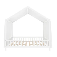 Full-Size Montessori Floor Bed with Canopy and Sturdy Pine, House-Style Platform Bed for Kids' Rooms, 78.5'' L x 56.5'' W x 78'' H, White(m-10)