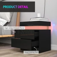 HOMCOM Nightstand Set of 2, End Side Tables with LED Lights, Bedside Tables with 2 Drawers, for Bedroom, Black(m-7)