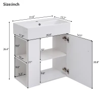 Modern Floating Bathroom Vanity with Ceramic Basin and Side Storage, Cabinet with Rose Gold Handle, 21.5" L x 12" W x 26.5" H, White(m-3)