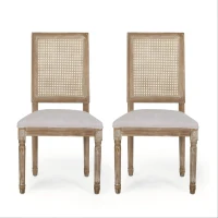 Set of 2 Dining Chairs with Rectangular Cane Backrest and Fluted Legs, Vintage Dining Seating with Rubberwood Frame, 20'' L x 22'' W x 39.5'' H, Beige(m-2)