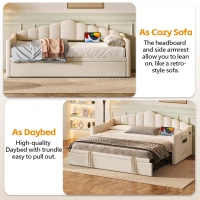 Upholstered Twin Size Daybed with Height-Adjustable Pop-Up Trundle, Lift-Up Trundle Bed with Type-C Charging Port, 82.5'' L x 41'' W x 40'' H, Beige(m-5)