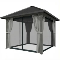 Outsunny 10' x 10' Hardtop Gazebo with Galvanized Steel Roof, Permanent Garden Gazebo with Netting and Curtains(m-2)