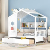 Kids Twin Size House Bed with 2 Storage Drawers and Rear Shelf, House-Style Kids Bed Frame with Plywood and MDF, 78'' L x 42.5'' W x 72'' H, White(m-1)