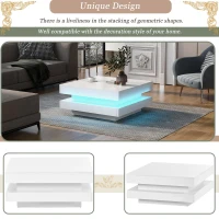 Square High-Gloss Coffee Table with App-Controlled LED Lighting, Modern Center Table with Double-Layer Storage, 27.5" L x 27.5" W x 14" H, White(m-6)