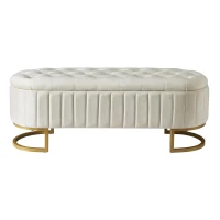 Upholstered Velvet Storage Ottoman Bench with Metal Legs, Button-Tufted Storage Bench with MDF Frame, 47'' L x 15.5'' W x 16.5'' H, Beige(m-2)