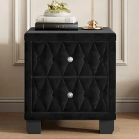 Velvet Nightstand with 2 Roomy Drawers and Crystal Handles, Solid Beside Table for Condos and City Homes, 18'' L x 18'' W x 20'' H, Black(m-4)