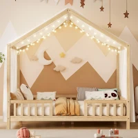Full-Size Montessori Floor Bed with High Guard Railings, Natural Finish Bed Frame for Kid-Friendly Room, 78.5'' L x 56.5'' W x 78'' H, Natural(m-7)