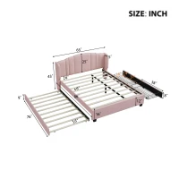 Upholstered Platform Bed with Wingback Headboard and Twin Trundle, Queen Size Bed Frame with Wooden Slat System, 86'' L x 65'' W x 43'' H, Pink(m-3)