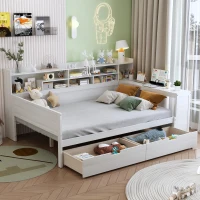 Full Size Daybed with 2 Large Drawers and Built-In Study Desk, Space-Saving Guest Bed with Side Storage Shelves, 91.5'' L x 65'' W x 45'' H, Antique White(m-5)