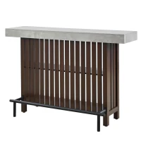 3-In-1 Dining Table with Marble-Grain MDF Top, Space-Saving Bar Table with Metal Footrest, 63" L x 15.5" W x 41" H, Brown(m-15)
