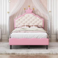 Twin Princess Platform Bed with Crown-Shaped Tufted Headboard, Crown Fantasy Bed Frame with Plywood Frame, 77.5'' L x 41'' W x 48.5'' H, Pink(m-4)