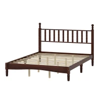 Queen Size Wooden Platform Bed with Gourd-Shaped Headboard, Retro-Inspired Bed Frame for Eclectic Décor, 84.5'' L x 63.5'' W x 45'' H, Walnut(m-9)
