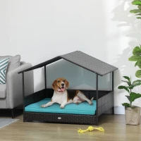 PawHut Rattan Dog House with Canopy, Wicker Dog Bed with Water-Resistant Cushion, for Small and Medium Breeds Blue(m-8)