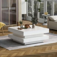 Square High-Gloss Coffee Table with App-Controlled LED Lighting, Modern Center Table with Double-Layer Storage, 27.5" L x 27.5" W x 14" H, White(m-8)