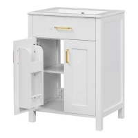 Modern Bathroom Vanity with 4 Doors, 2 Drawers and Adjustable Shelf, Freestanding Cabinet with Ceramic Sink, 48.5'' L x 18.5'' W x 34'' H, White(m-14)