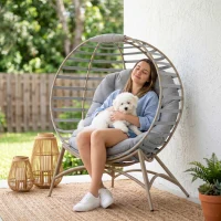 Outsunny Egg Chair, Patio Lounge Chair, Foldable Basket Chair with Large Seat Cushion, Side Pocket, Light Grey(m-8)
