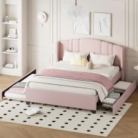 Upholstered Platform Bed with Wingback Headboard and Twin Trundle, Queen Size Bed Frame with Wooden Slat System, 86'' L x 65'' W x 43'' H, Pink(m-4)