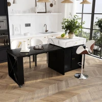 Modern Bar Table with 4-in-1 Extendable Pull-Out Table and Lockable Wheels, Kitchen Island with Adjustable Shelf, 82.5" L x 32.5" W x 28" H, Black(m-1)