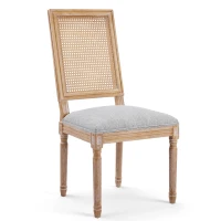 Set for 2 Dining Chair with Rectangular Cane Backrest and Padded Seat, Cane Back Dining Chairs with Fluted Legs, 20'' L x 22'' W x 39.5'' H, Light Grey(m-13)