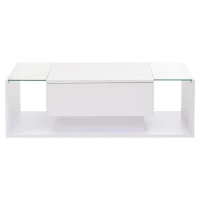 High-Gloss Coffee Table with Tempered Glass Storage, Compact Center Table with Semi-Open Shelf, 39.5″ L x 19.5″ W x 12″ H, White(m-2)