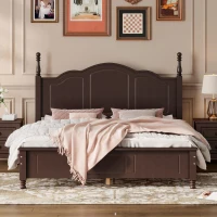 Queen Size Wood Bed with 10 Plywood Slats and Retro-Style Headboard, Modern Platform Bed with Warm Wood Finish, 85'' L x 62.5'' W x 43.5'' H, Walnut(m-4)