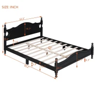 Queen Size Platform Bed with Retro Headboard and 10 Plywood Slats, Durable Bed Frame with Plywood Construction, 85'' L x 62.5'' W x 39.5'' H, Black(m-3)