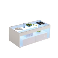 High-Gloss Coffee Table with App-Controlled RGB LED Strip, Spacious Center Table with Open Double-Layer Storage, 39.5" L x 19.5" W x 15.5" H, White(m-12)