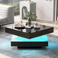 Square High-Gloss Coffee Table with App-Controlled LED Lighting, Modern Center Table with Double-Layer Storage, 27.5" L x 27.5" W x 14" H, Black(m-1)
