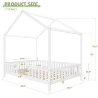 Full-Size Montessori Floor Bed with Canopy and Sturdy Pine, House-Style Platform Bed for Kids' Rooms, 78.5'' L x 56.5'' W x 78'' H, White(m-3)