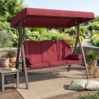 Outsunny Outdoor Patio 3-Person Steel Canopy Cushioned Seat Bench Swing with Included Side Trays & Padded Comfort, Wine Red(m-10)
